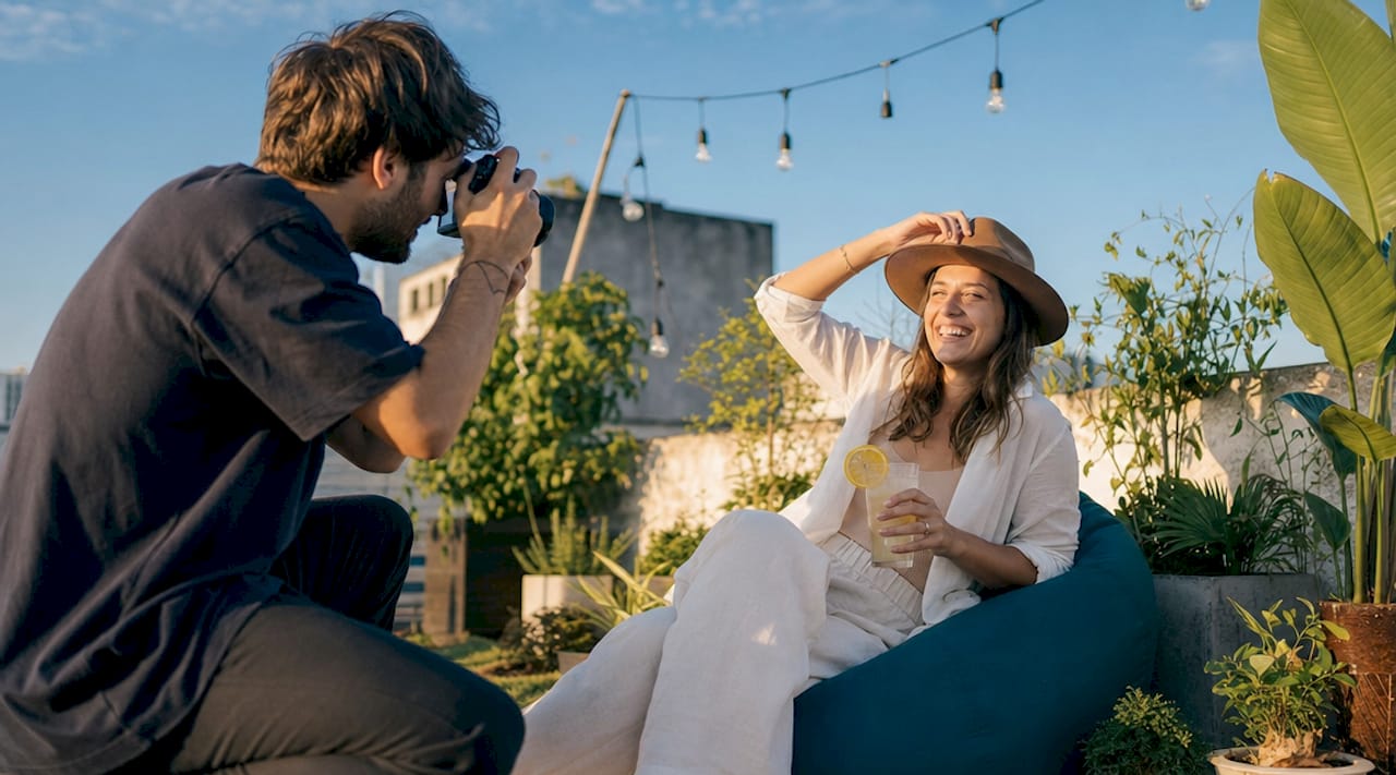 Photographer gently directing subject in café