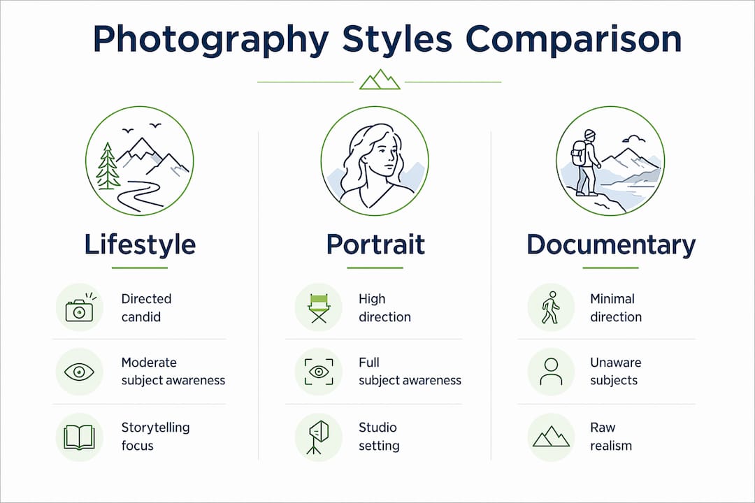 Infographic comparing lifestyle, portrait, and documentary photography styles