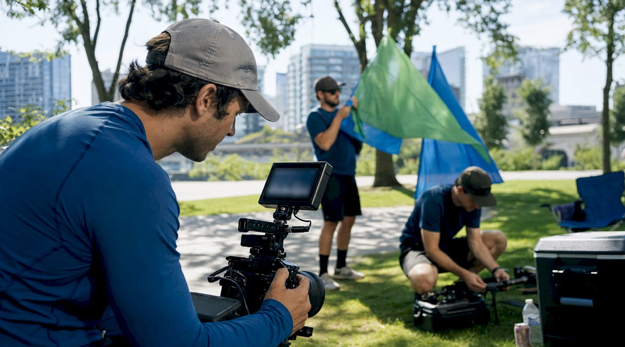 Videographer reviewing footage on outdoor shoot