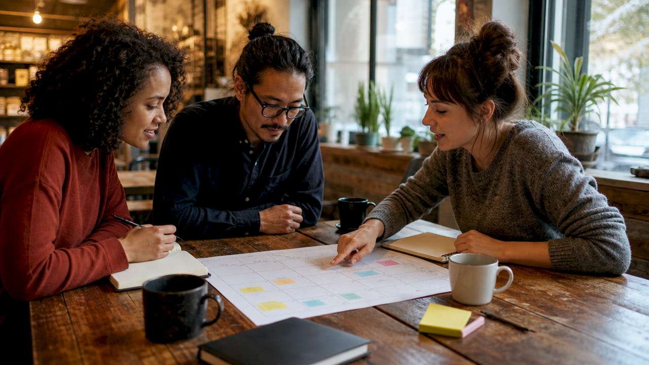 Creative team discussing editorial calendar
