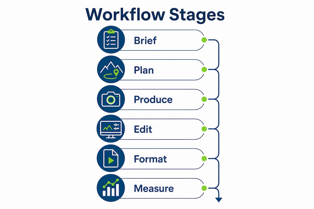 Infographic depicting six outdoor brand visuals workflow stages
