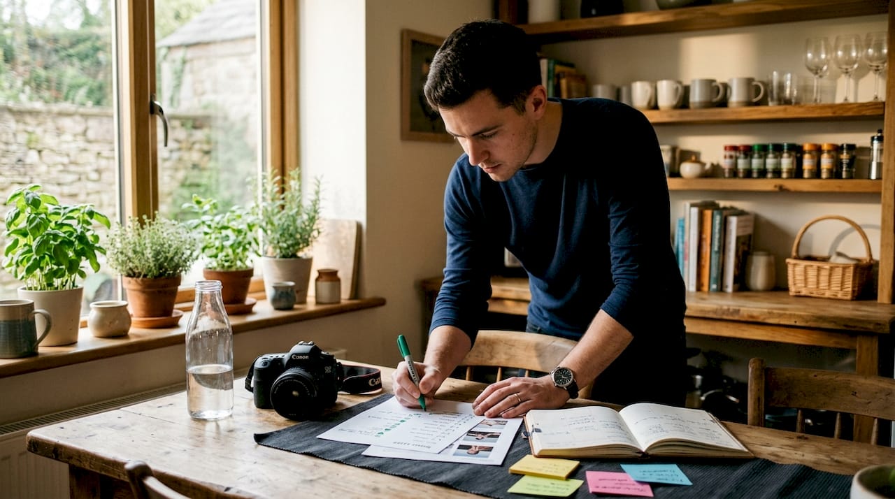 Male professional marking shot list in creative studio