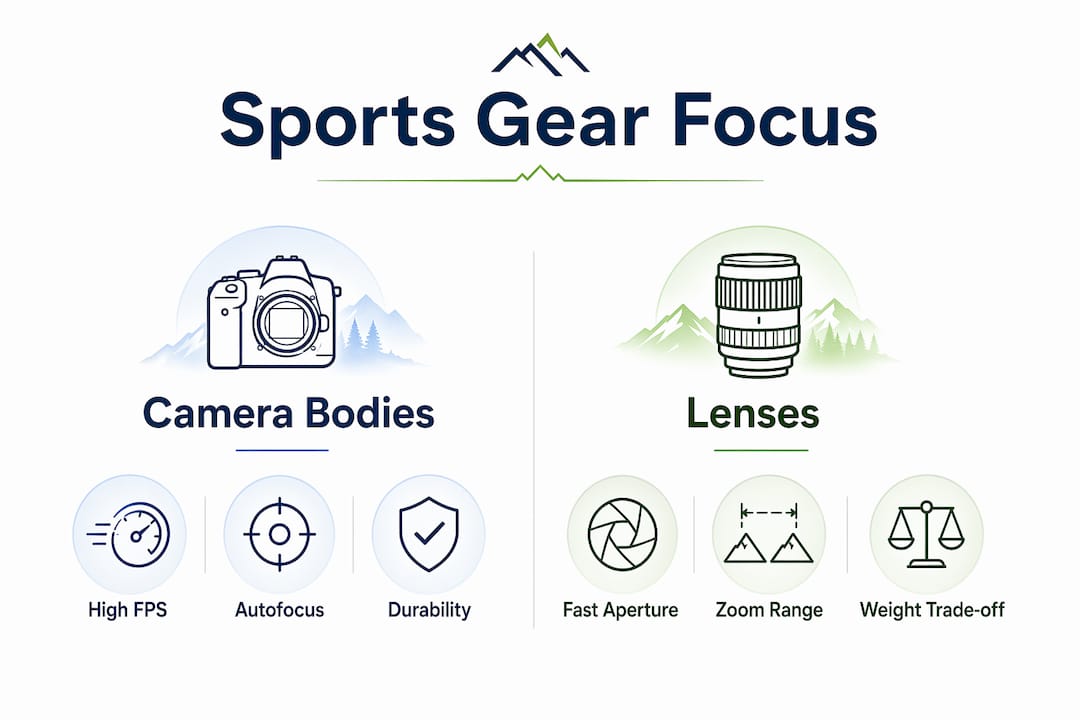 Infographic comparing camera bodies and lenses for sports photography
