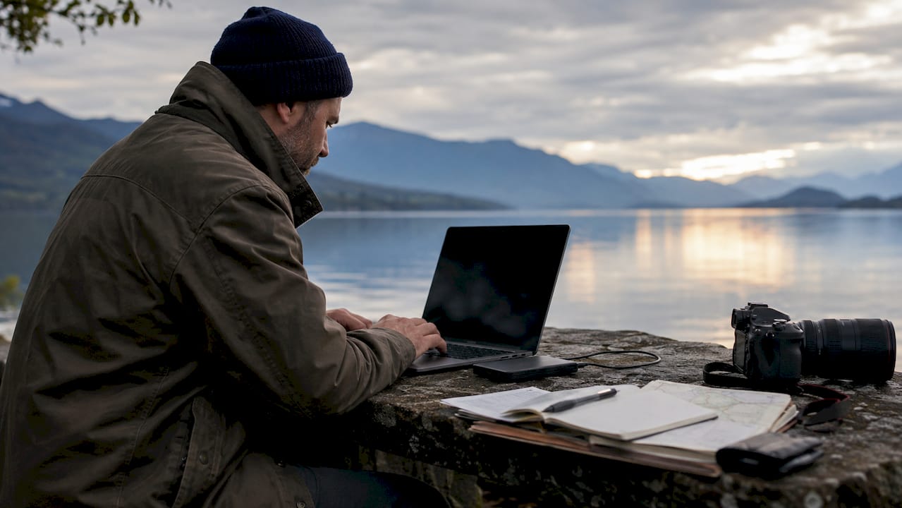 Photojournalist editing images outdoors at table