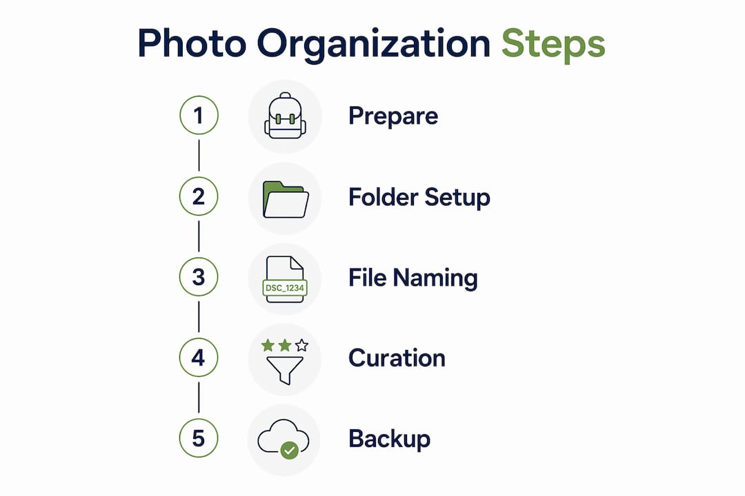 Infographic showing step-by-step travel photo organization