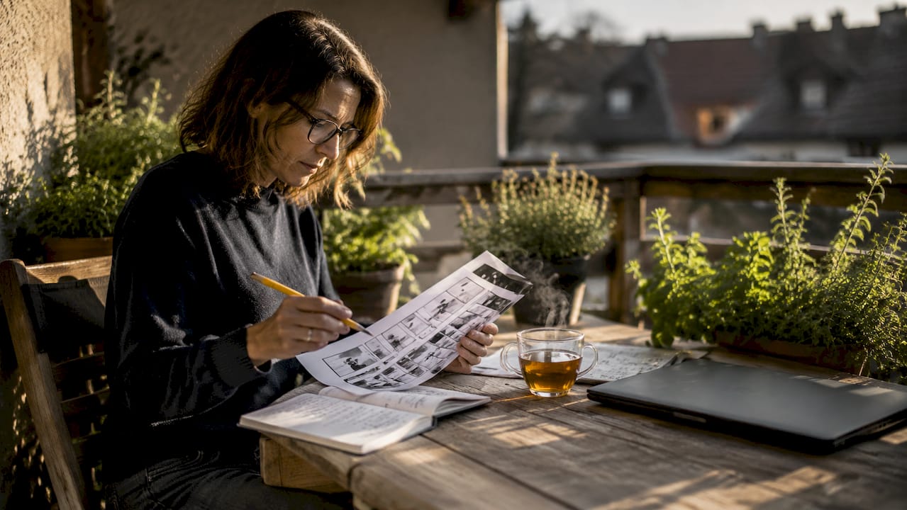Filmmaker reviewing storyboard in café