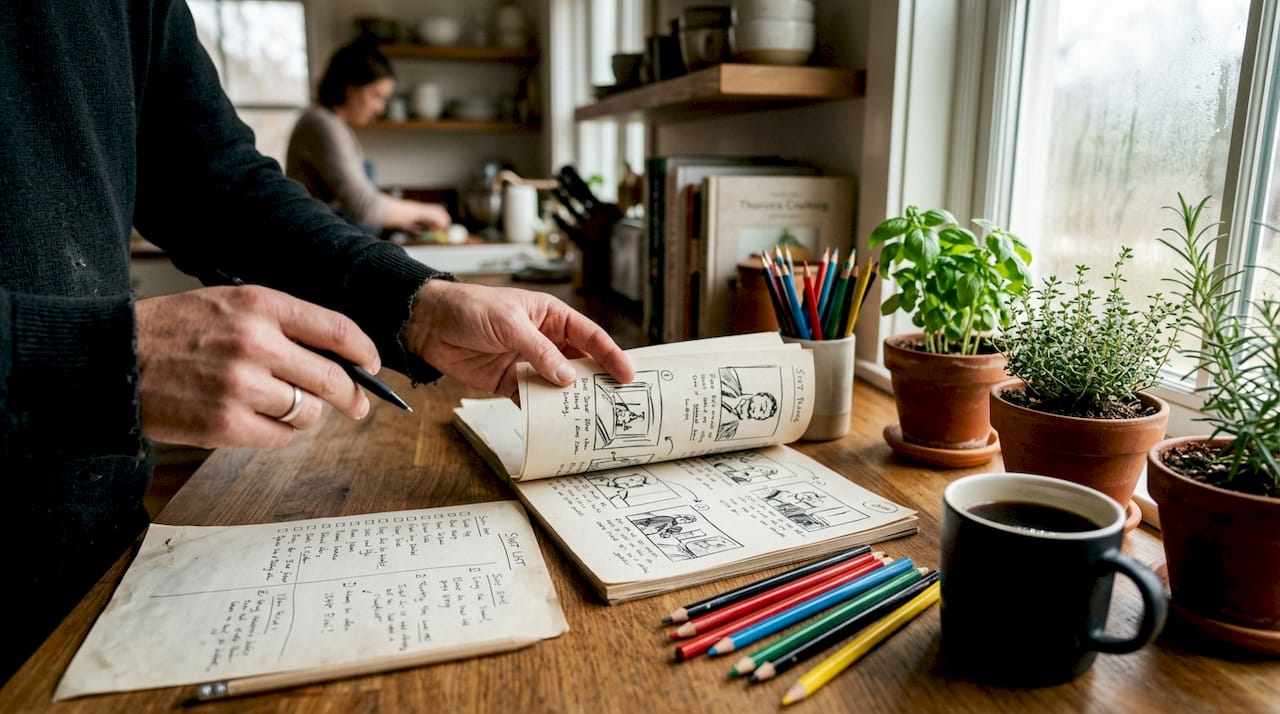 Hands holding storyboard and shot list on desk