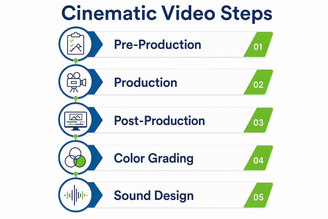 Infographic illustrating cinematic video production steps