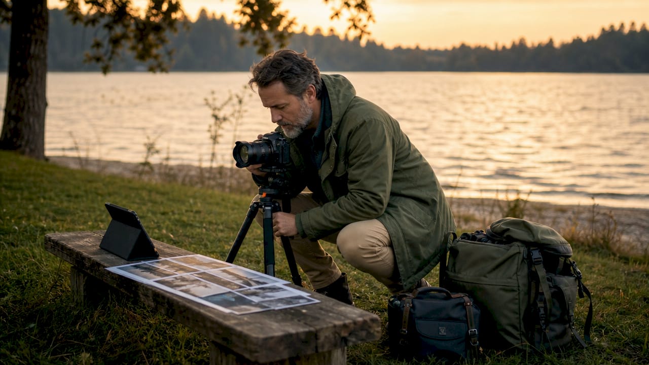 Photographer preparing for outdoor shoot