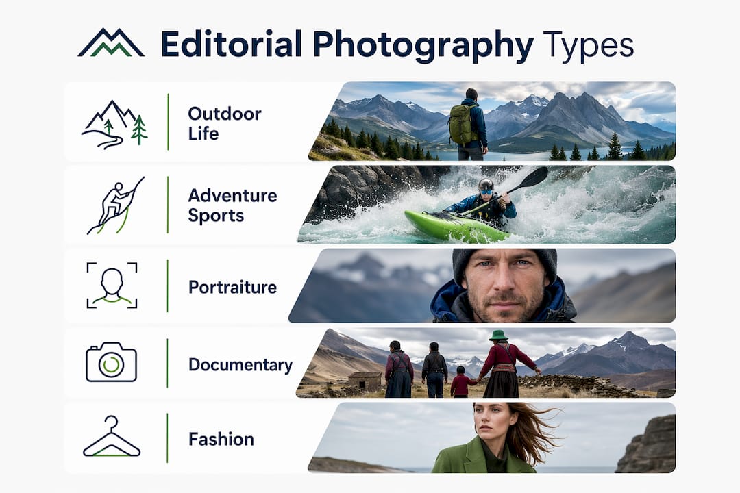 Infographic illustrating main editorial photography types