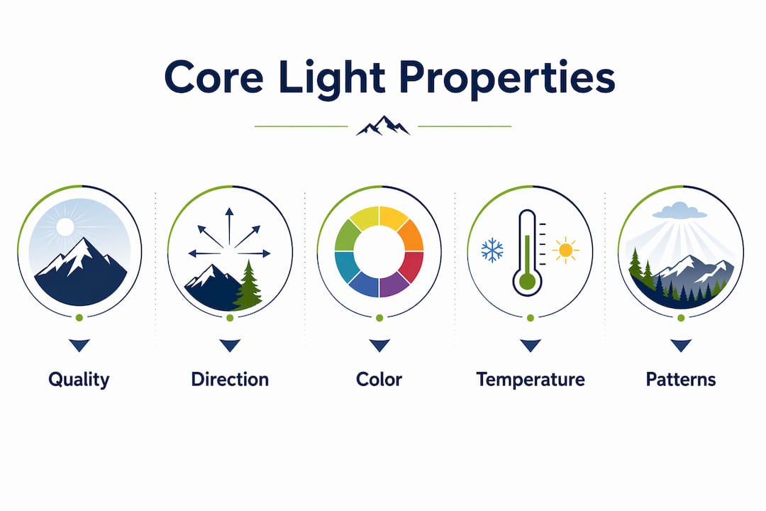 Infographic depicting core light properties in photography