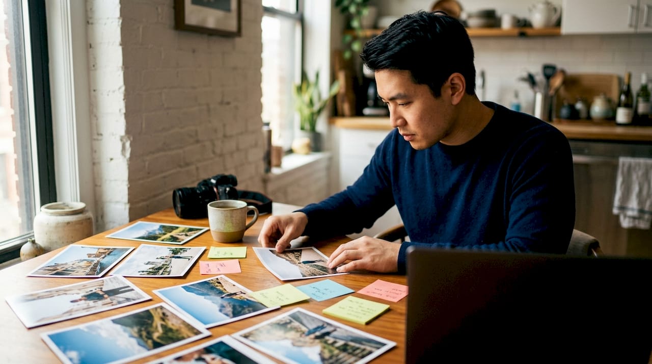Overhead view of photo editor arranging prints on desk
