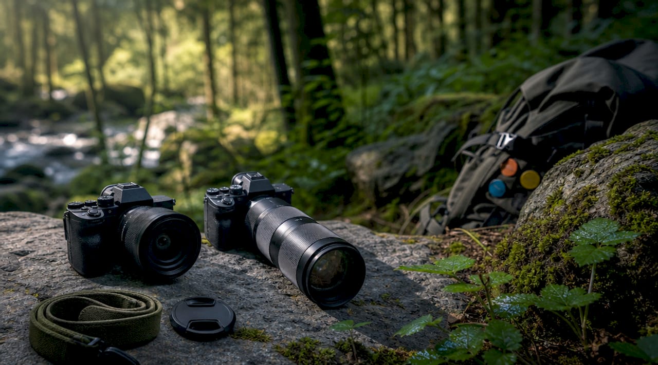 Camera gear laid out for adventure photo shoot