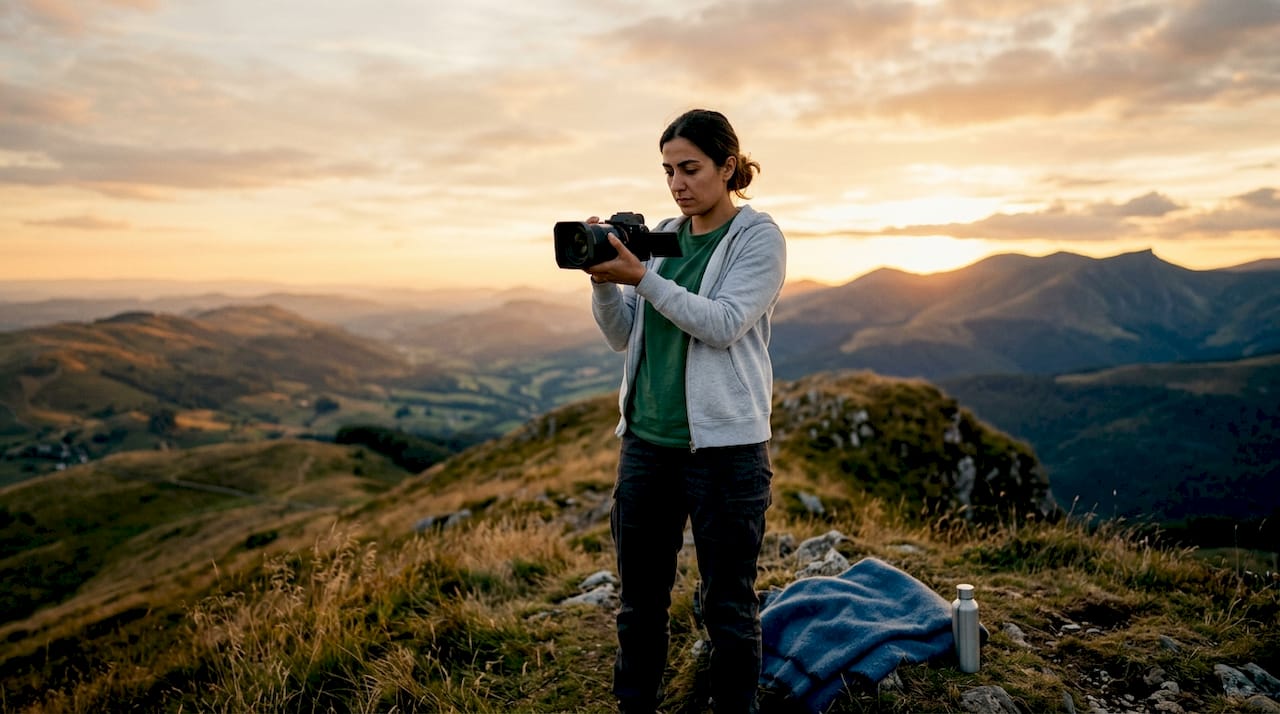 Filmmaker reviewing recorded footage outdoors