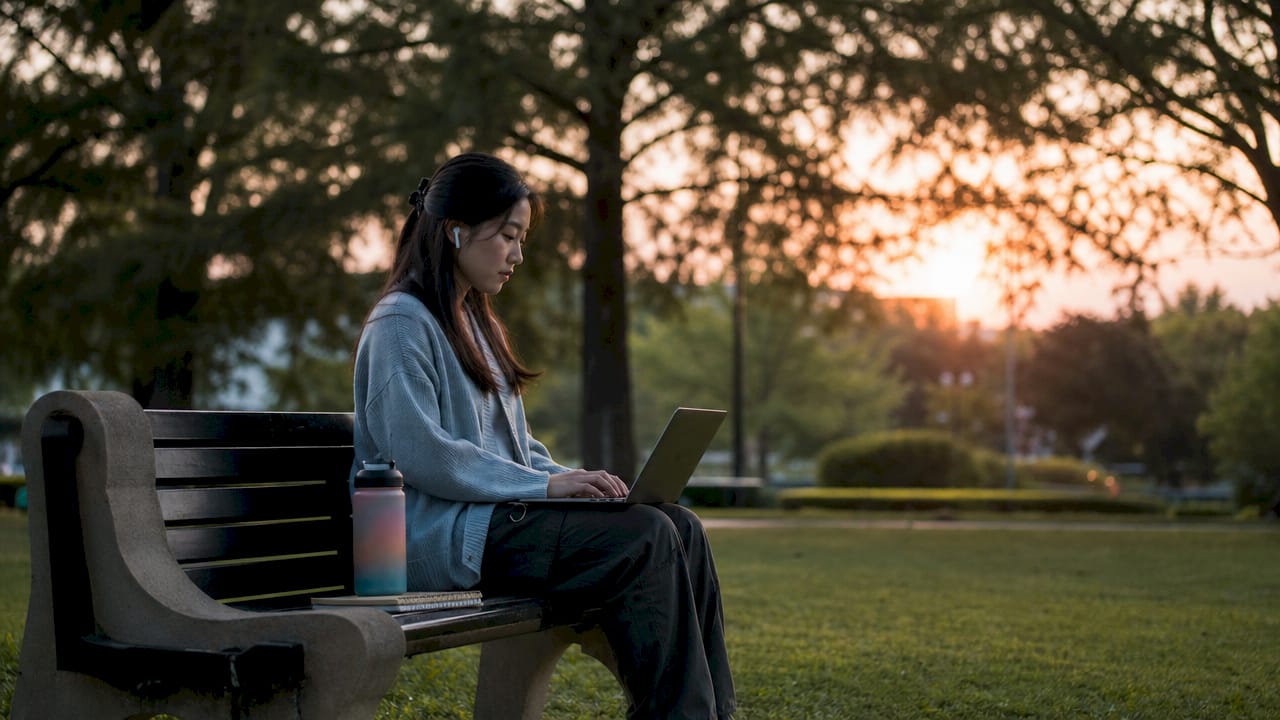 Woman editing travel videos outdoors at cafe