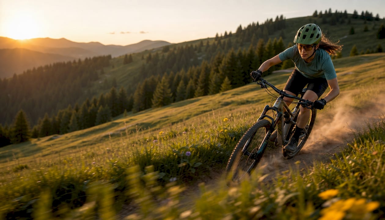 Mountain biker framed by rule of thirds in forest