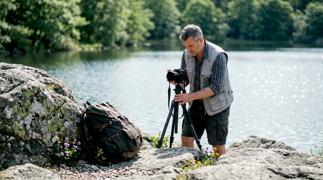 Photographer scouting and shooting in forest