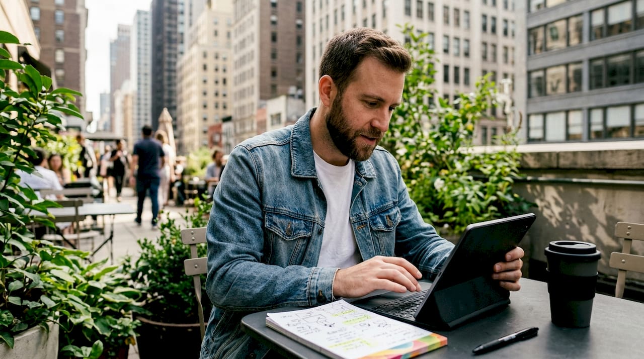 Social media manager editing outdoor content in park