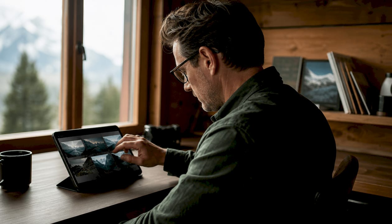 Editor reviewing digital photo gallery on tablet