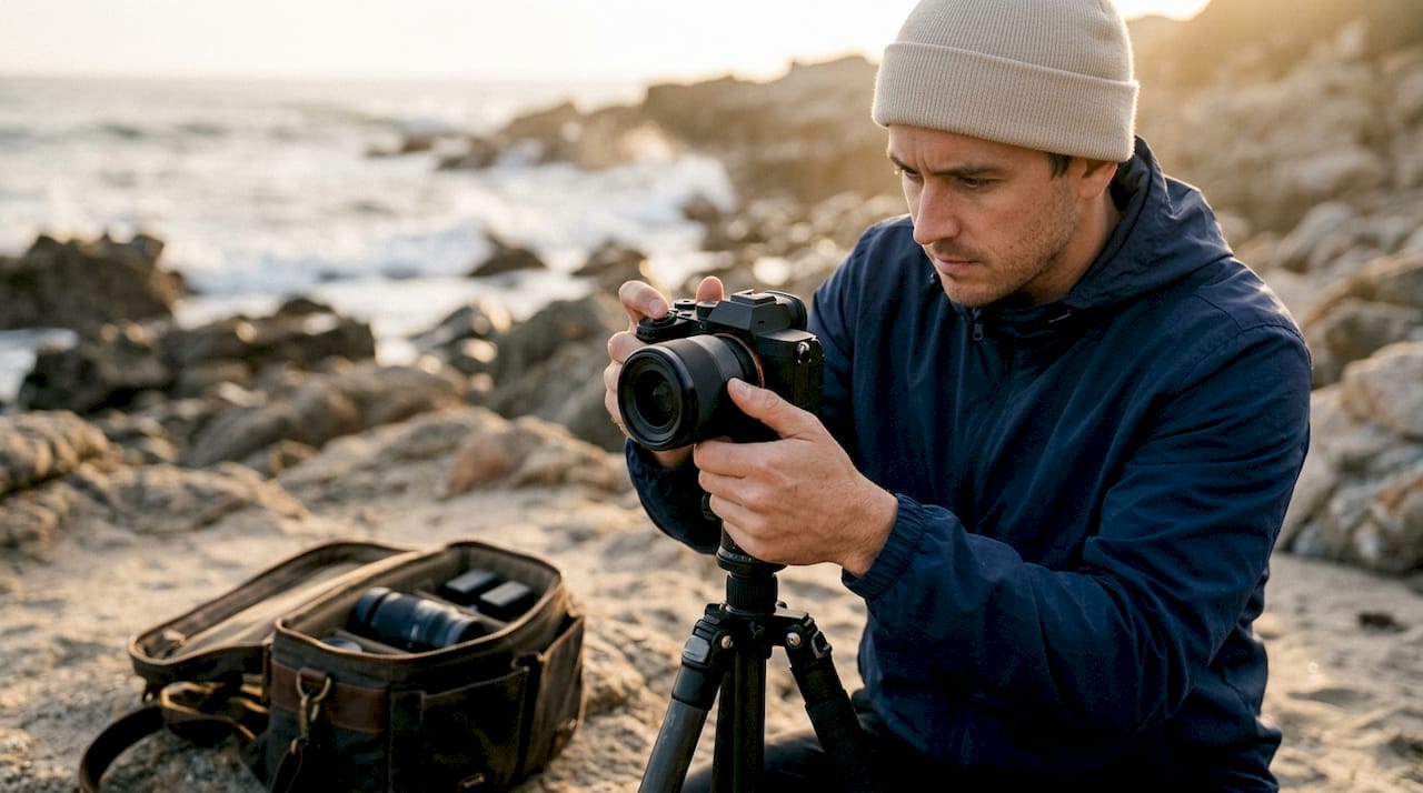 Photographer adjusting weather-sealed camera outdoors