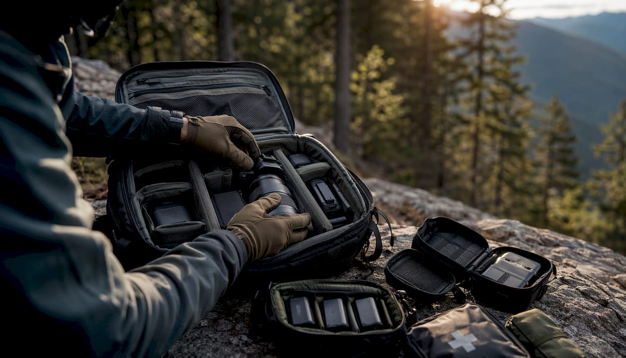 Close-up hands packing camera gear on forest bench