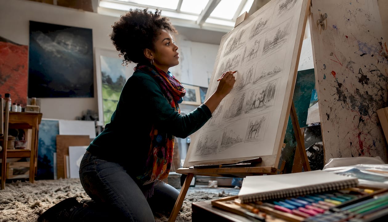 Artist sketching action storyboard in creative studio