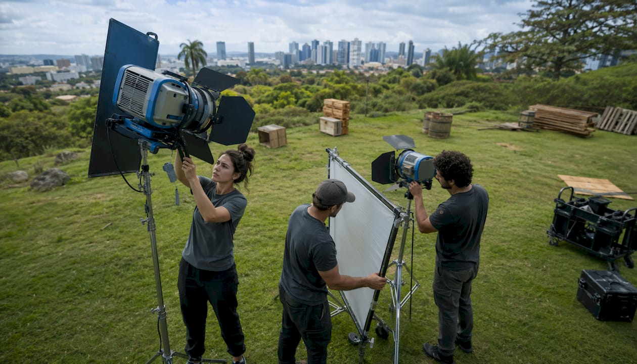 Lighting crew adjusting equipment outdoors at golden hour