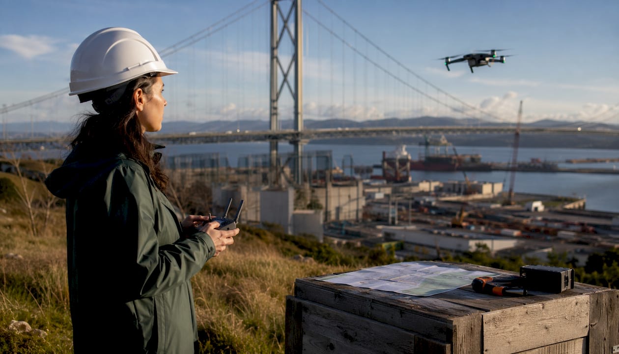 Female drone operator inspecting steel bridge structure