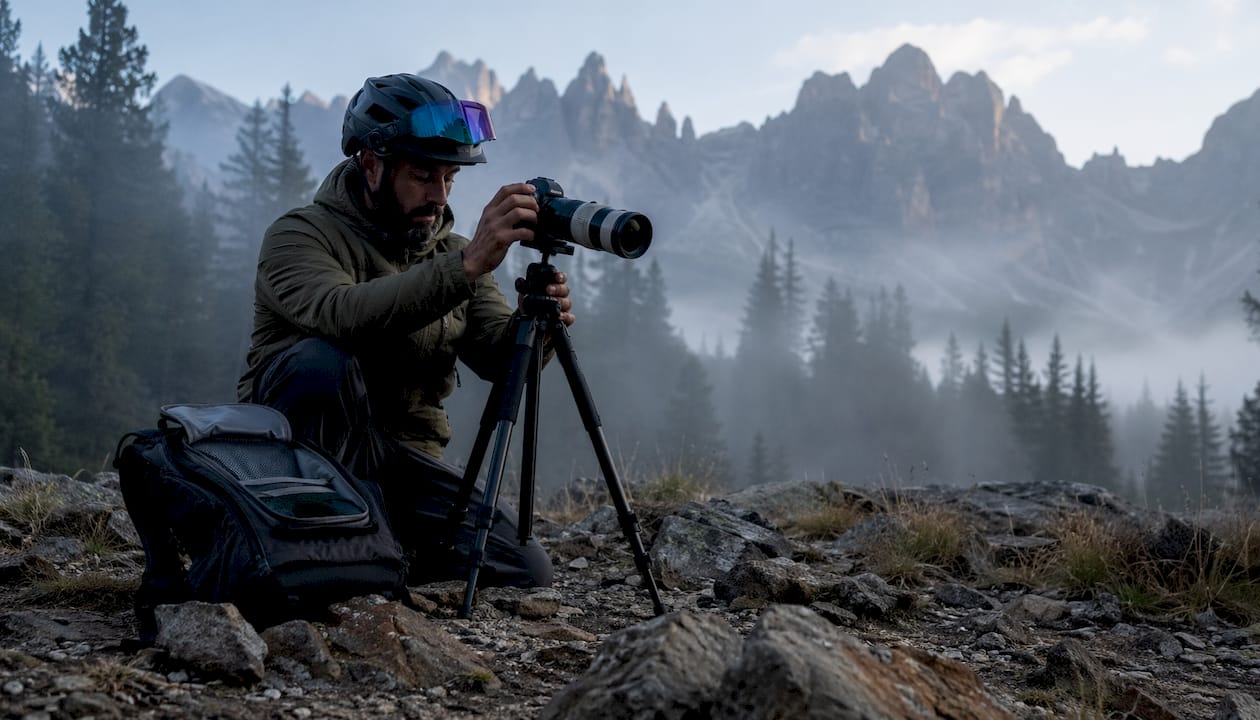 Photographer setting up camera gear near mountain trail