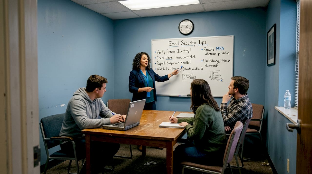 Team leader teaching email security policy