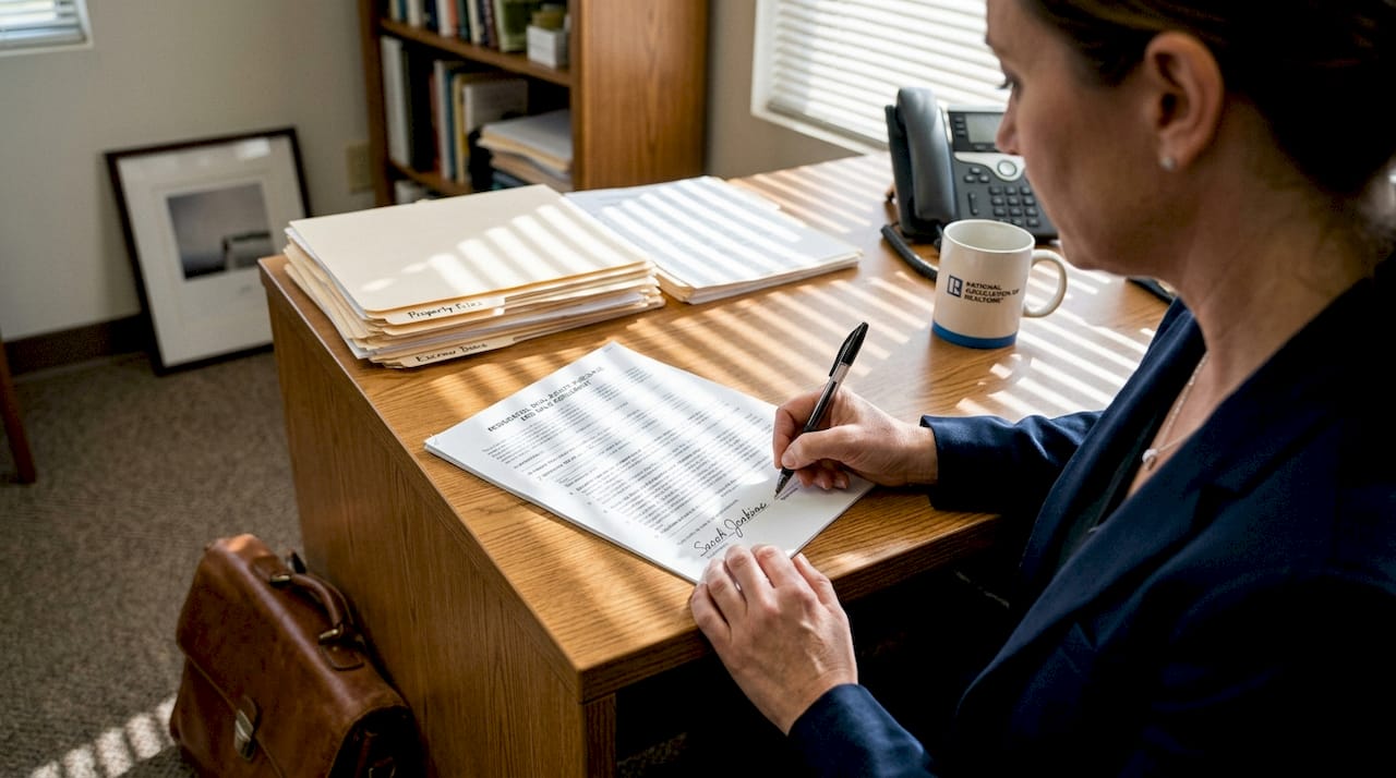 Signing contract in real estate office setting