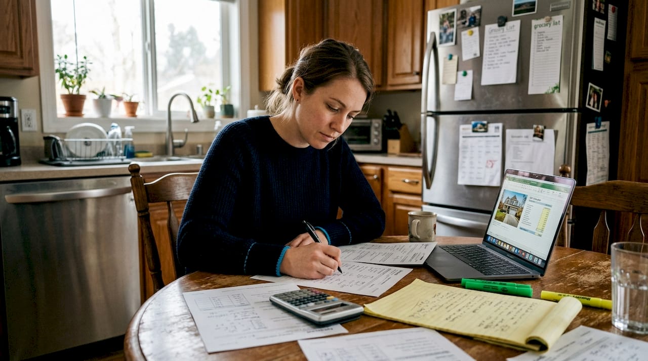 Analyzing wholesale deal paperwork at kitchen table