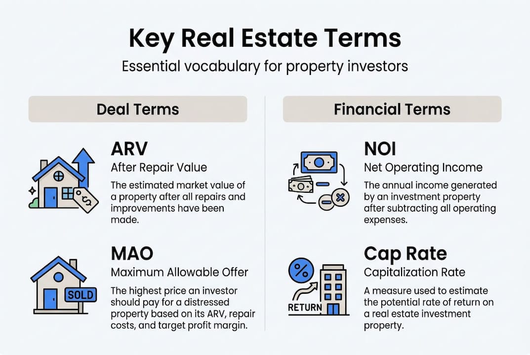 Infographic showing core real estate investing terms