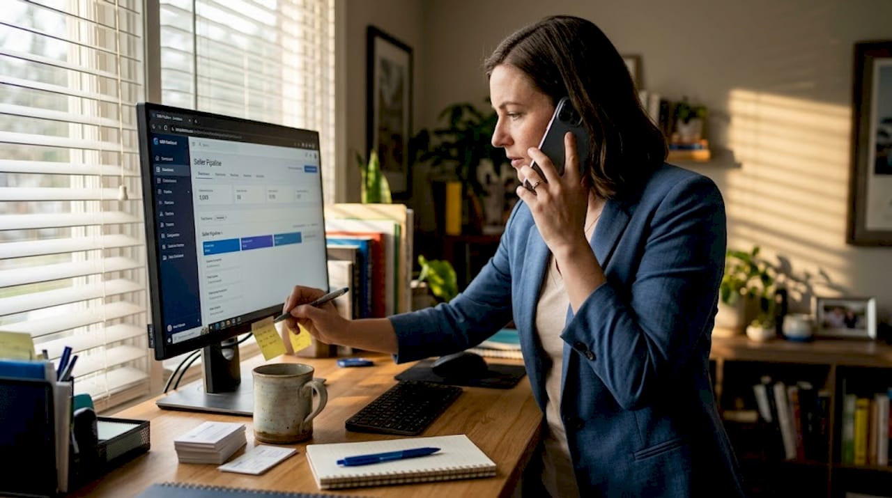 Focused investor cold calling from home office