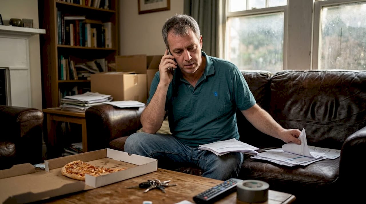 Tired landlord on phone amid household clutter