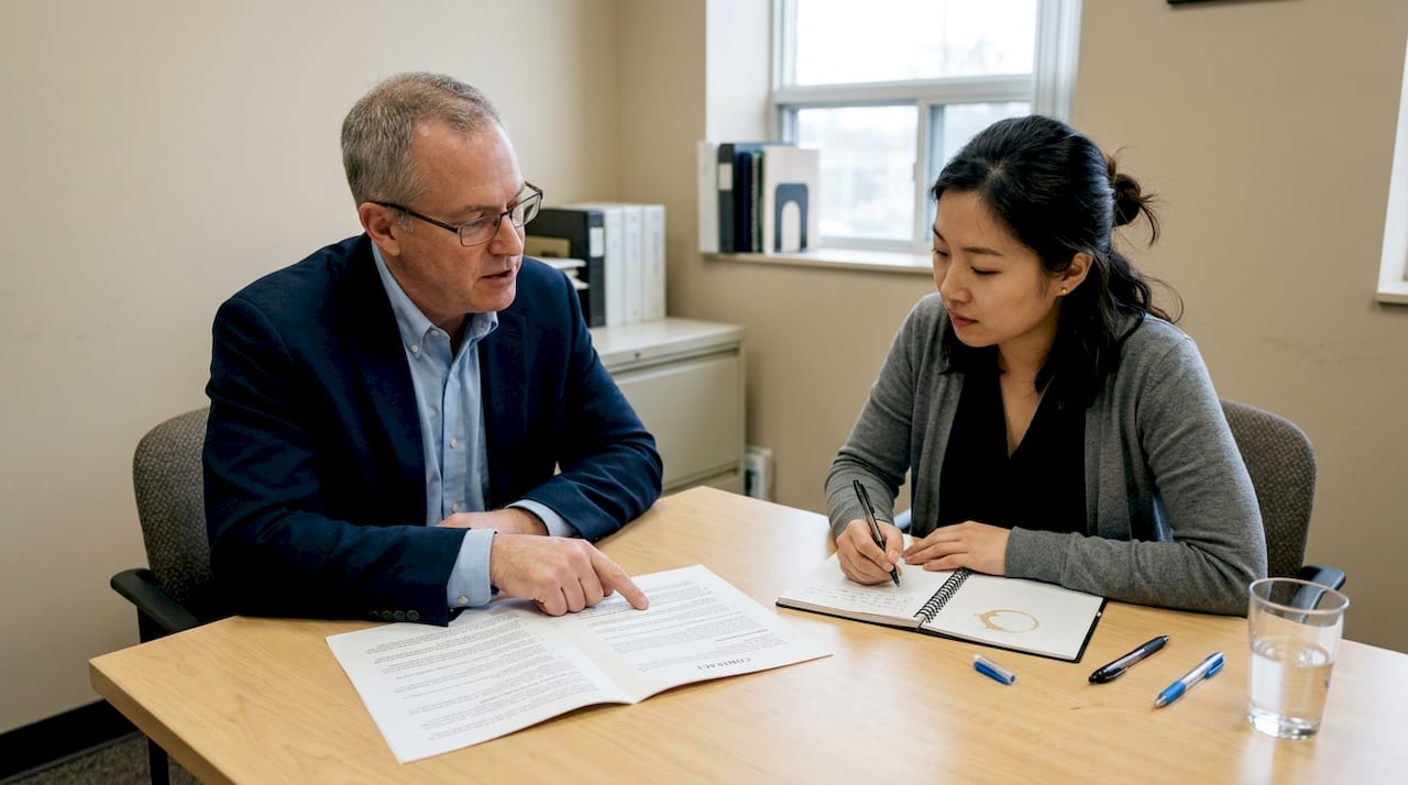 Two people reviewing assignment contract in office