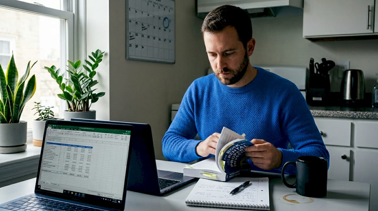 Real estate investor reading at kitchen table