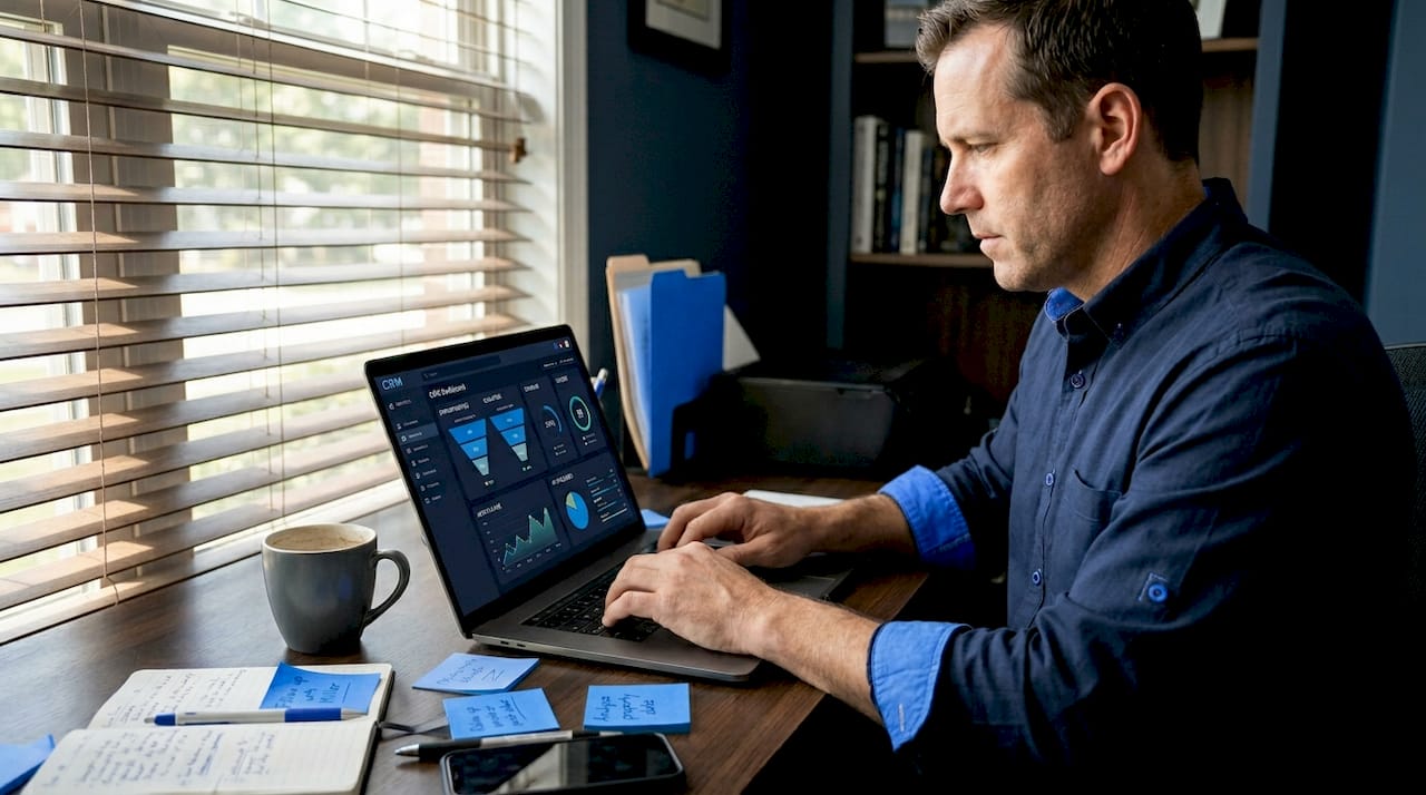Investor works at home desk using CRM on laptop