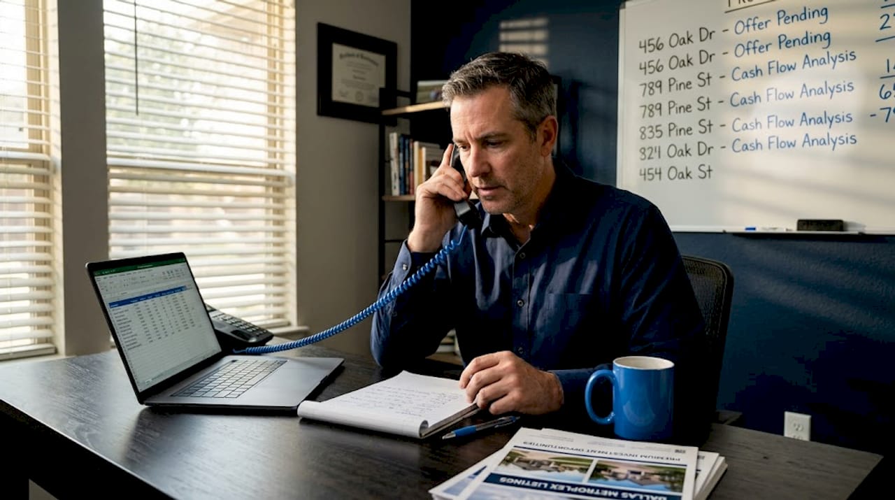 Investor on phone at home office desk with notes