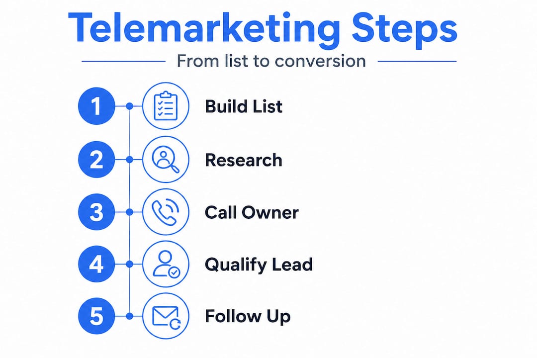Vertical flow infographic with telemarketing process steps