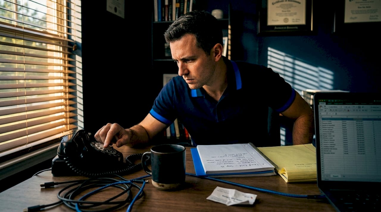 Real estate investor making cold calls at cluttered desk