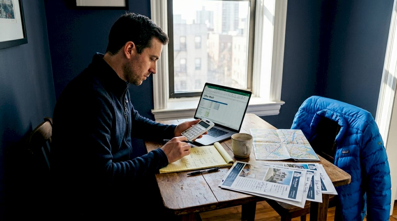 Investor calculating property values at kitchen table