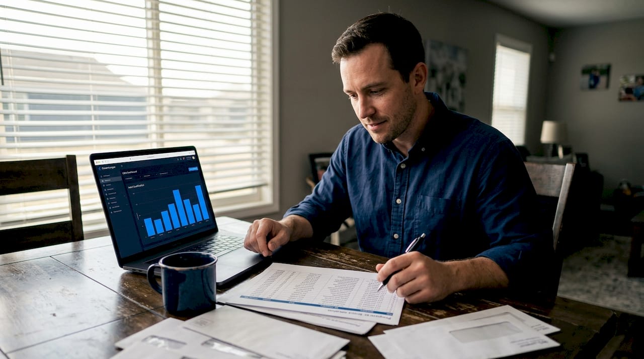 Investor analyzes seller list at dining table