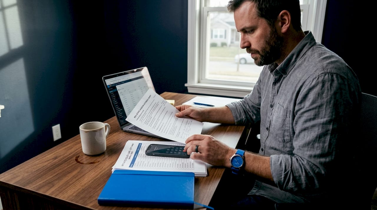 Investor preparing cold calls at home office desk