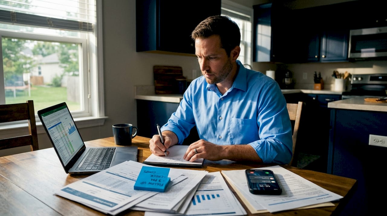 Investor reviews property documents at kitchen table