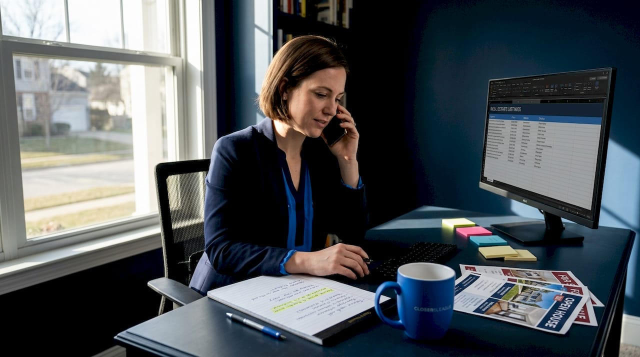 Real estate agent reading script during phone call