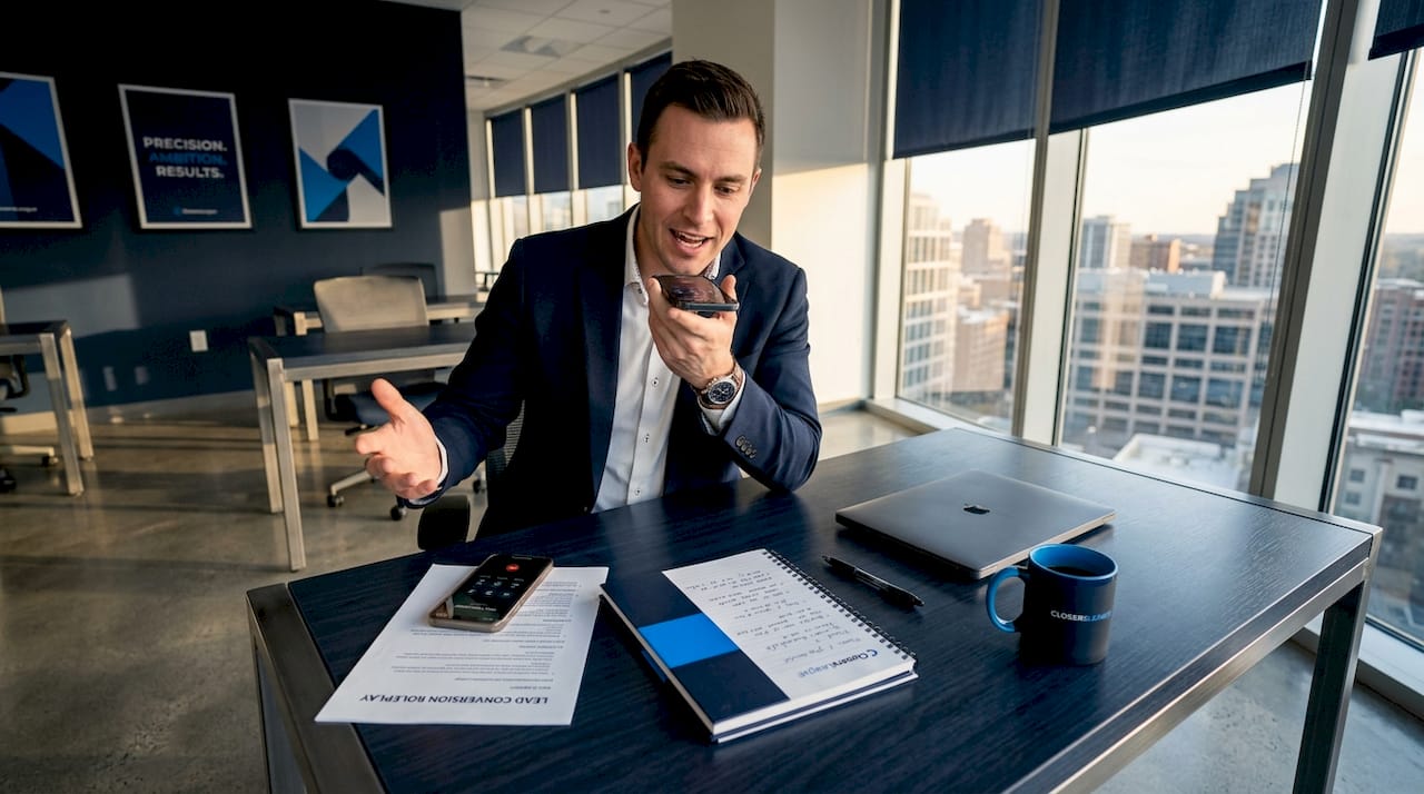 Man roleplaying cold call in home office with script and notes