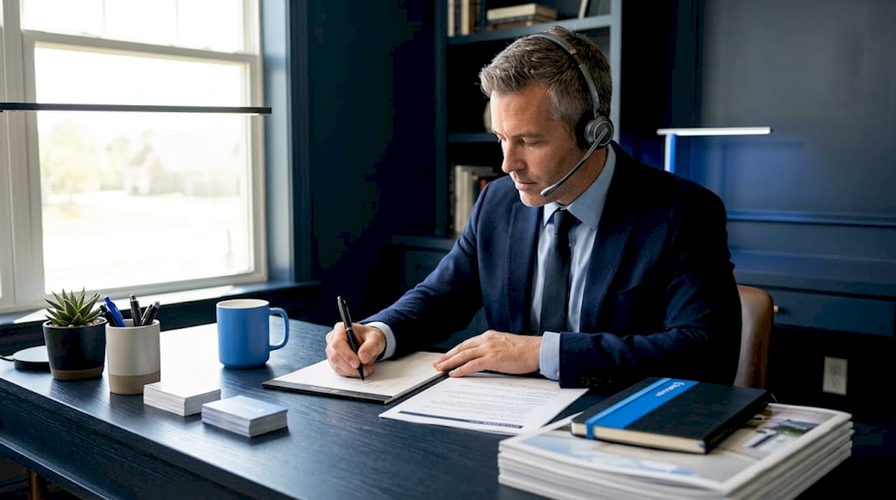 Person practicing real estate call with scripts on desk