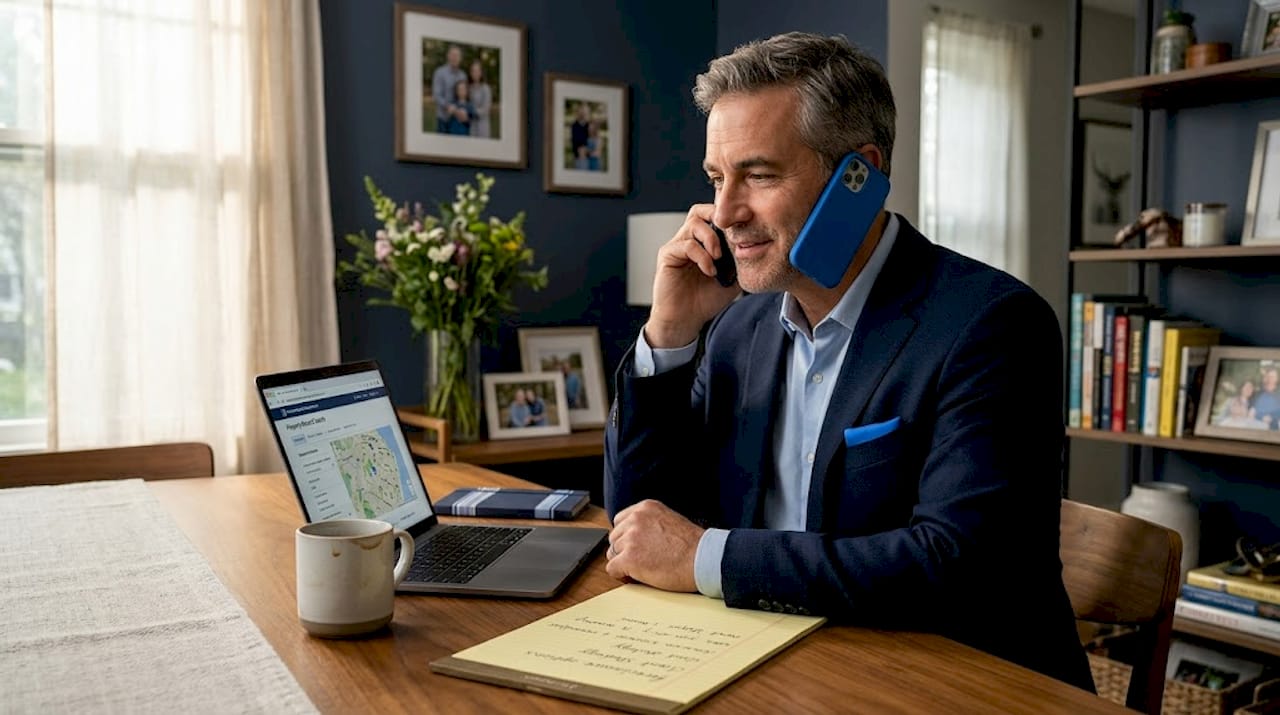 Agent advising seller on phone at kitchen table