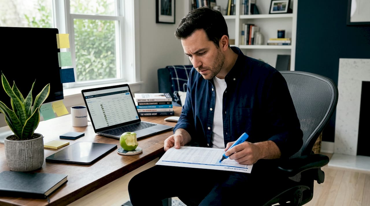 Man verifying real estate lead list at dining table